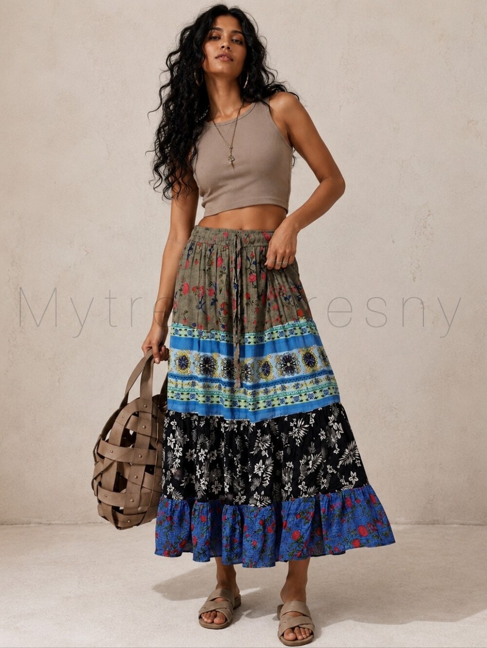 NWT Jackpot Breathable Boho Multi-Color Tiered Maxi Skirt Patchwork Gypsy